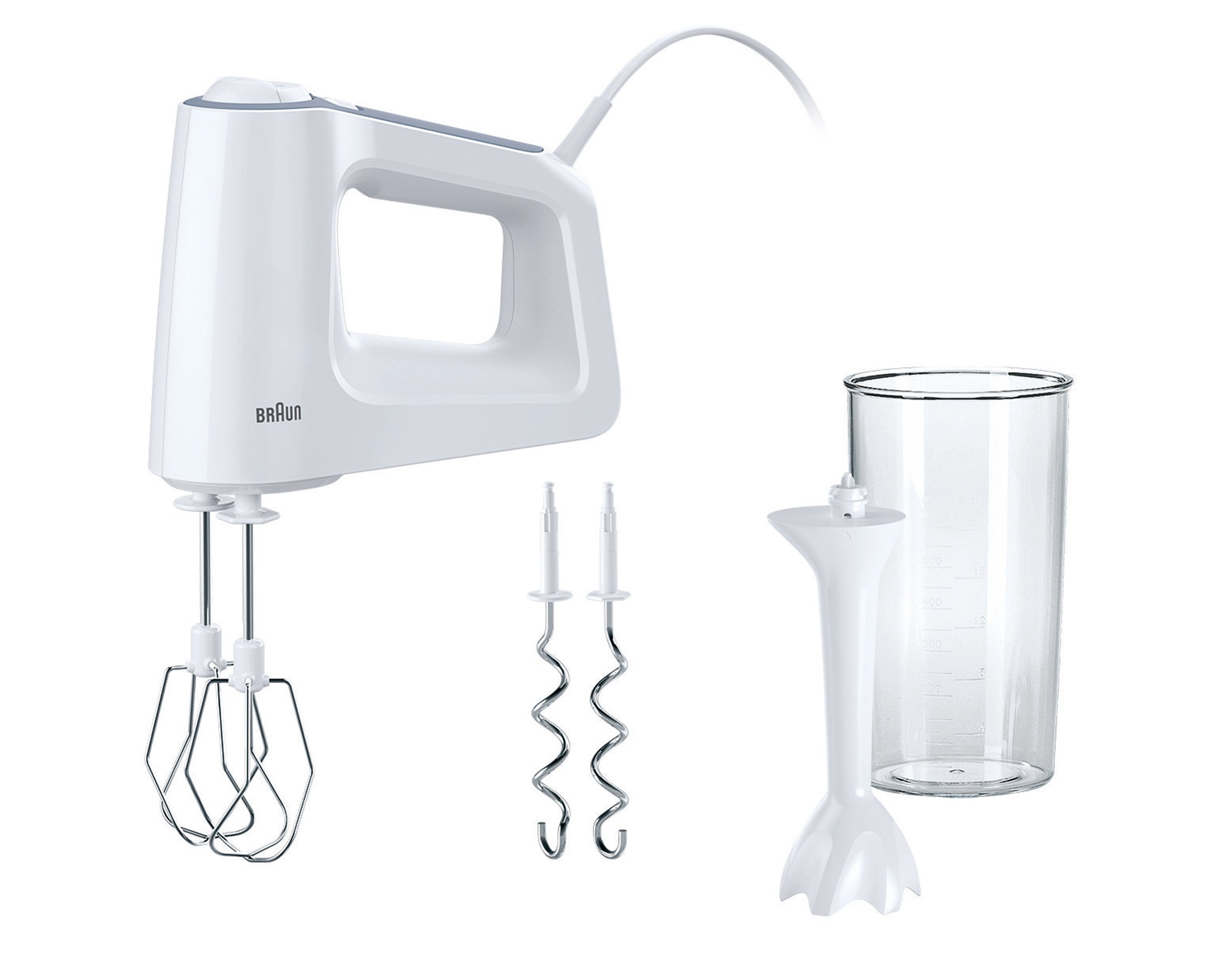 Braun MultiMix 3 HM 3105 Handmixer – Handrührgerät mit 5 Geschwindigkeitsstufen & Turbo-Funktion, inkl. Schneebesen, Knethaken, Pürierstab und 600 ml Mix- und Messbecher, 500 Watt, weiß Weiß MultiMix 3 - inkl. Schneebesen, Knethaken, Pürierstab & Mix- und Angebot bei HelloDeals