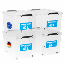 ATHLON TOOLS 4er Set 60l Aufbewahrungsboxen mit Deckel - BPA-freie & lebensmittelechte Aufbewahrungsbox mit Verschlussclips - 100% Neumaterial - Plastikbox transparent - Stapelbare Kunstoff Box 60 L Angebot bei HelloDeals