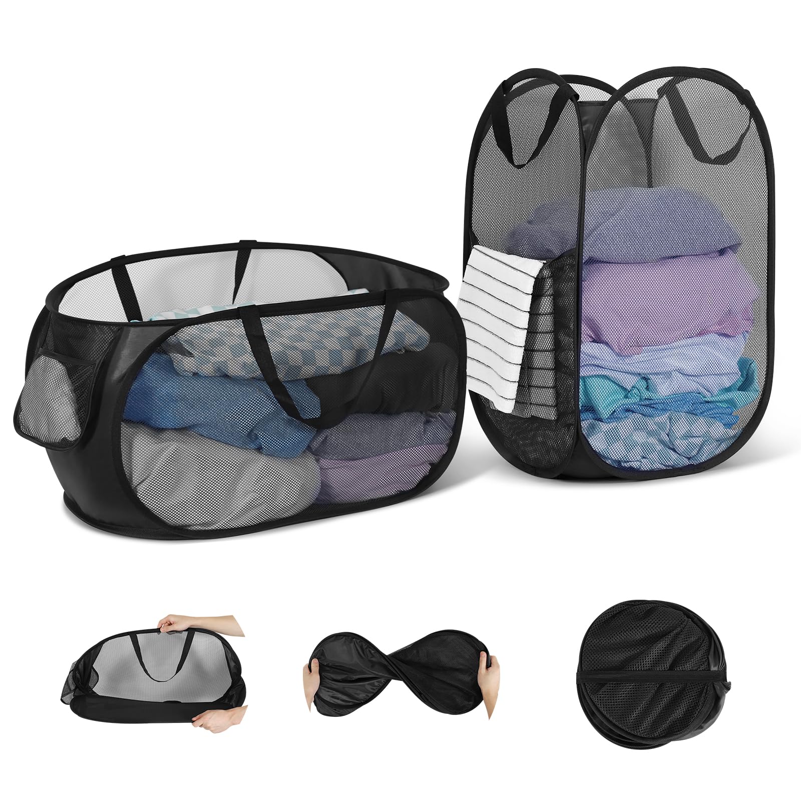 Pop Up Wäschekorb Faltbar 2 Stück aus Netzmaterial (36 * 36 * 58cm) mit Henkel für Badezimmer, Camping, College Dorm und Reisen, Zusammenklappbarer Korb für schmutzige Wäsche (Schwarz) Schwarz+ Schwarz | Angebot bei HelloDeals