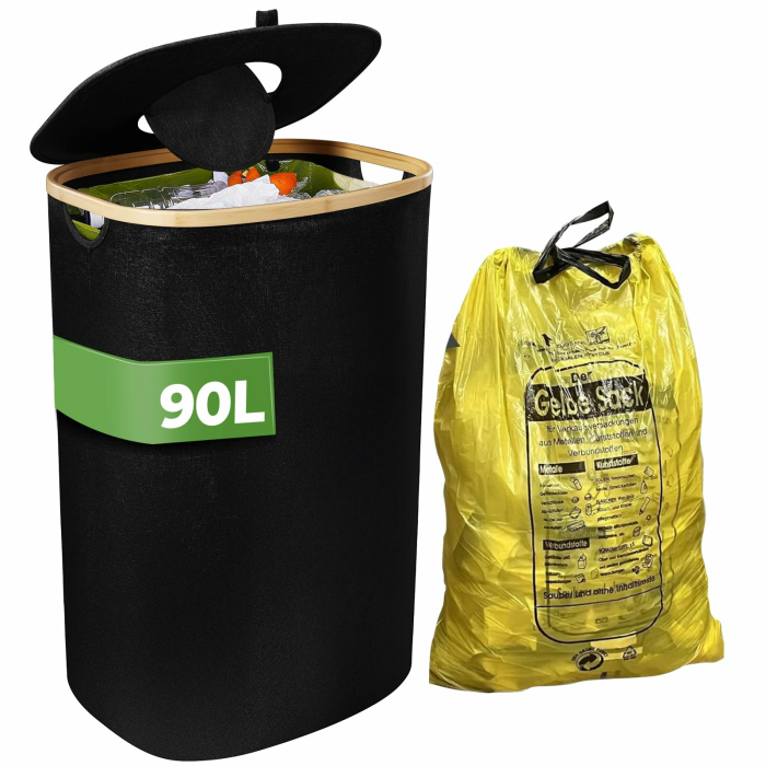 Gelber Sack Ständer, Müllsackständer mit Clip, Ständer für gelben sack, Mülleimer 90 liter, Gelber Sack Behälter, Robust und Stabil für Mülltrennung Daheim(Schwarz 90L Angebot bei HelloDeals