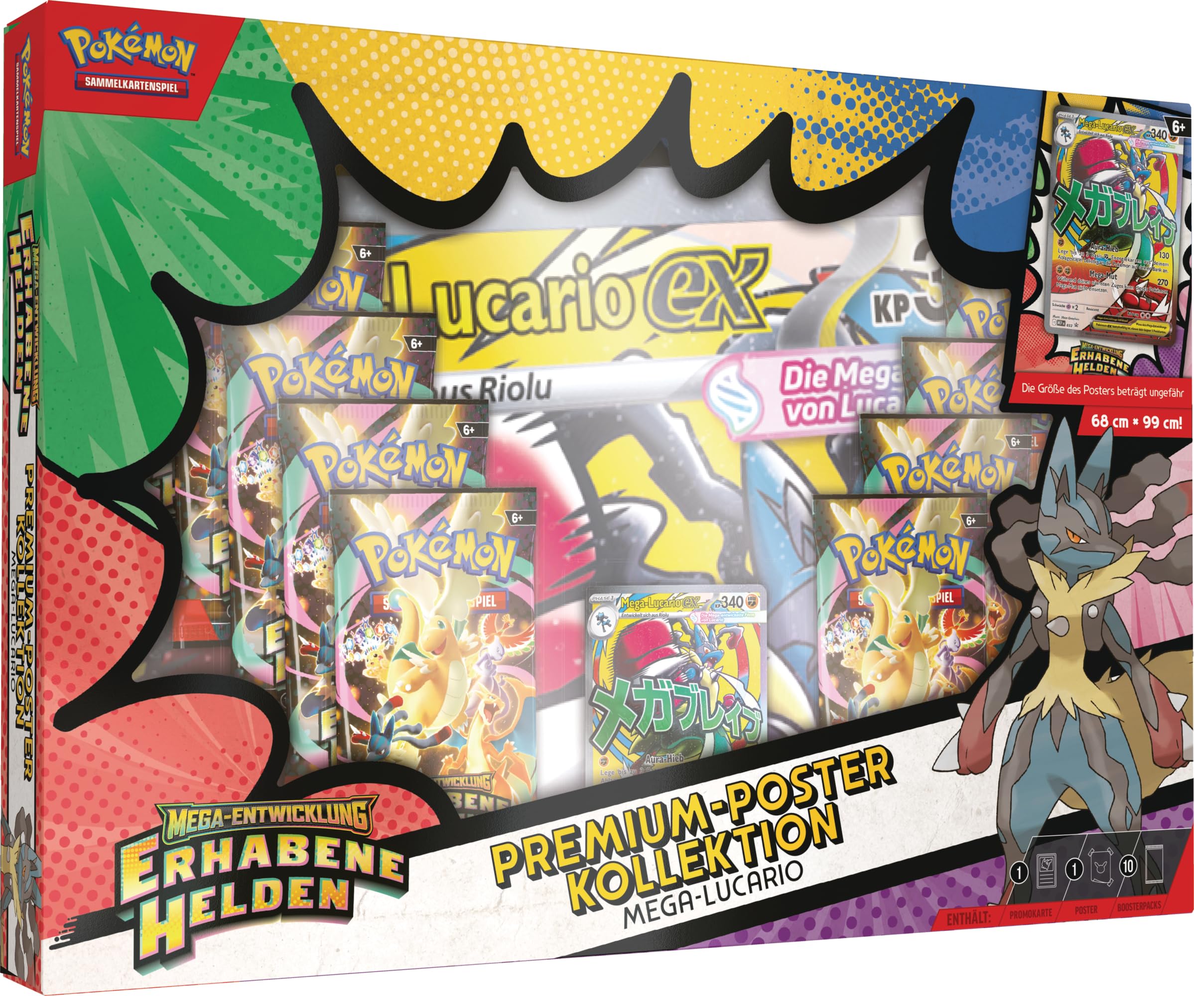 Pokémon-Sammelkartenspiel: Premium-Poster-Kollektion Mega-Entwicklung – Erhabene Helden: Mega-Lucario (1 holografische Promokarte, 1 doppelseitiges Poster und 10 Boosterpacks) Angebot bei HelloDeals