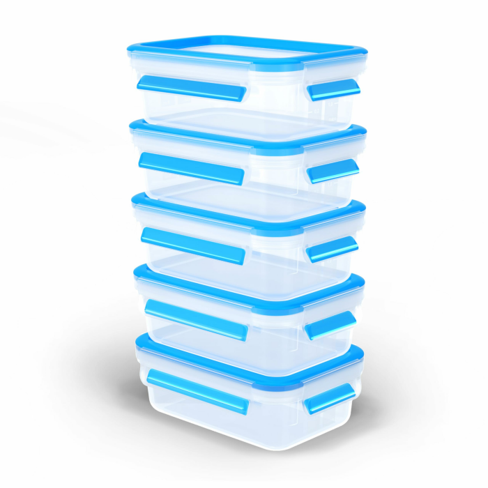 Emsa Clip & Close Frühstücks-Set, 5x Frischhaltedosen mit 0,55 Liter, 100% dicht/gefrierfest/mikrowellensicher, zertifiziert für Babynahrung, spülmaschinenfest, made in Germany, Blau, N1033600 Angebot bei HelloDeals