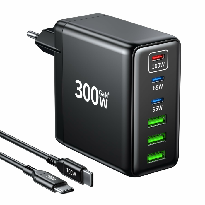 300W USB-C Ladegerät, 6 Port USB Ladegerät Mehrfach Schnellladegerät mit 3 USB-C und 3 USB-A, GaN PD Charger für MacBook iPad Pro/Air, iPhone 17 16 15 Pro Max, Samsung usw. Schwarz Angebot bei HelloDeals