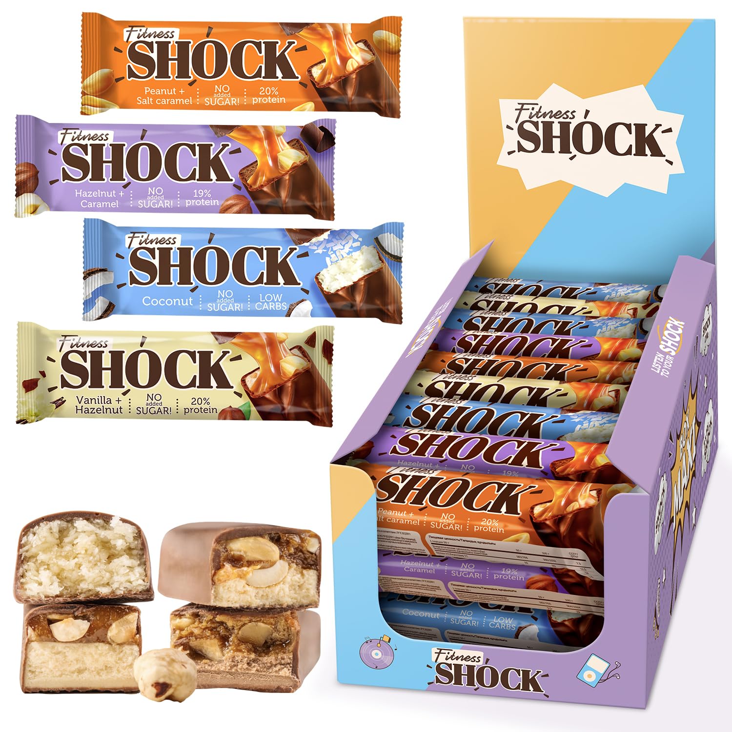FitnesSHOCK Proteinriegel Set Mix Box 24 Stück Protein Bar ohne Zusatz von Zucker mit hohem 20% Proteingehalt low carb Fitness Eiweissriegel fast zuckerfrei (1g) ballaststoffreich 24x50g Mix Box 24 24x50g Angebot bei HelloDeals