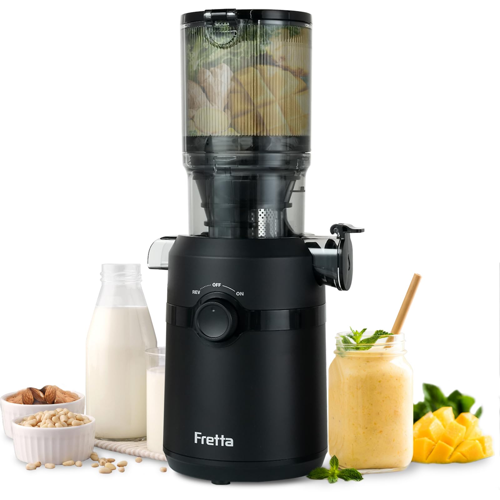 Fretta Entsafter,Slow Juicer mit 108MM Breite und Größere Fütterungsröhre,Füllvolumen für ganze Gemüse und Obst,BPA-frei Tritan-Material Entsafter,Einfacher Installation,200W 1L Mattschwarz Angebot bei HelloDeals