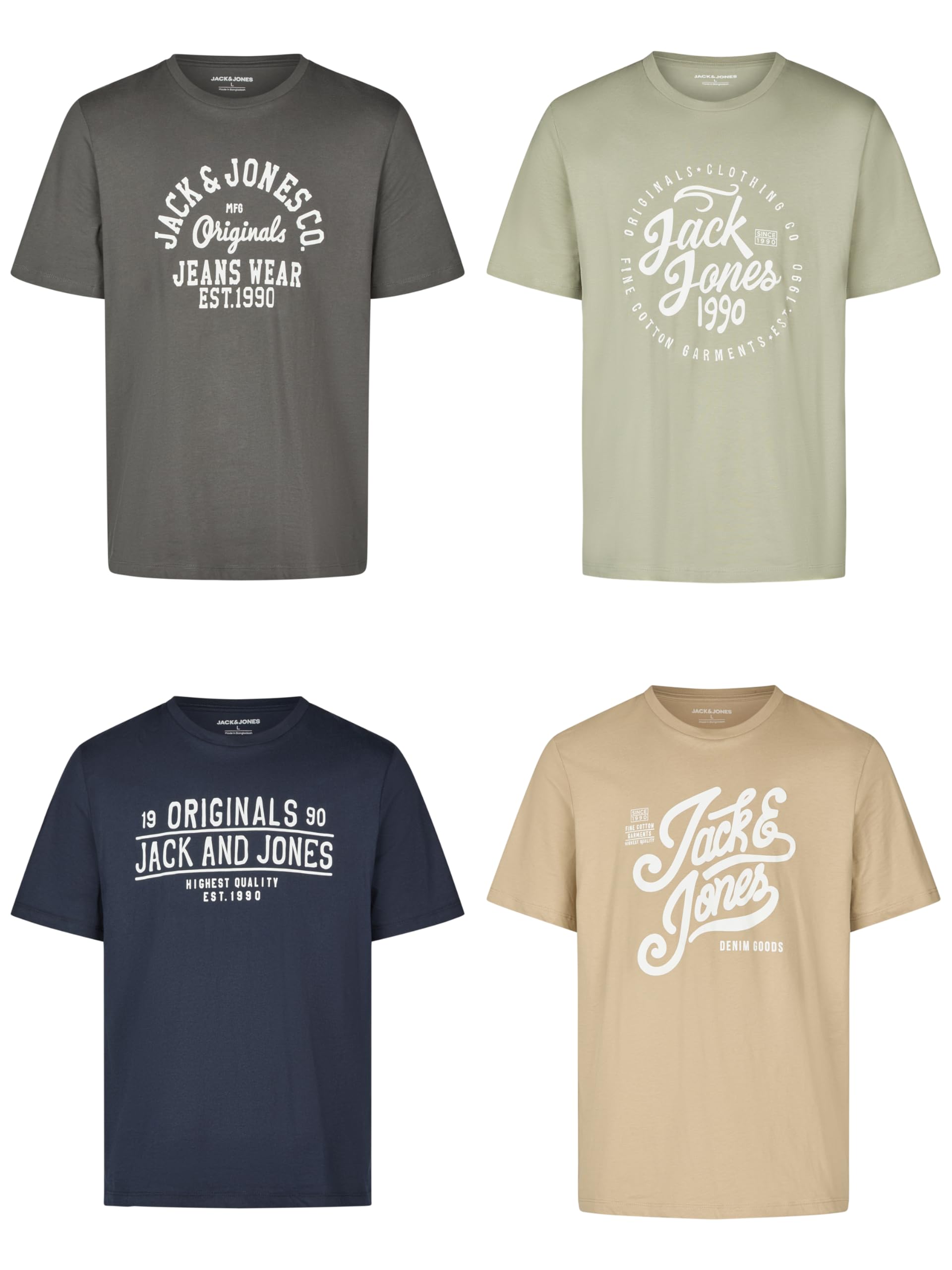 JACK & JONES Tshirt Herren Regular Fit JJLINO 4er Pack Set Pack Rundhals Kurzarm Sommer Tee Shirt Print Schwarz Weiß Grün Rot Blau Grau S M L XL XXL 3XL XL Pack 3 Angebot bei HelloDeals
