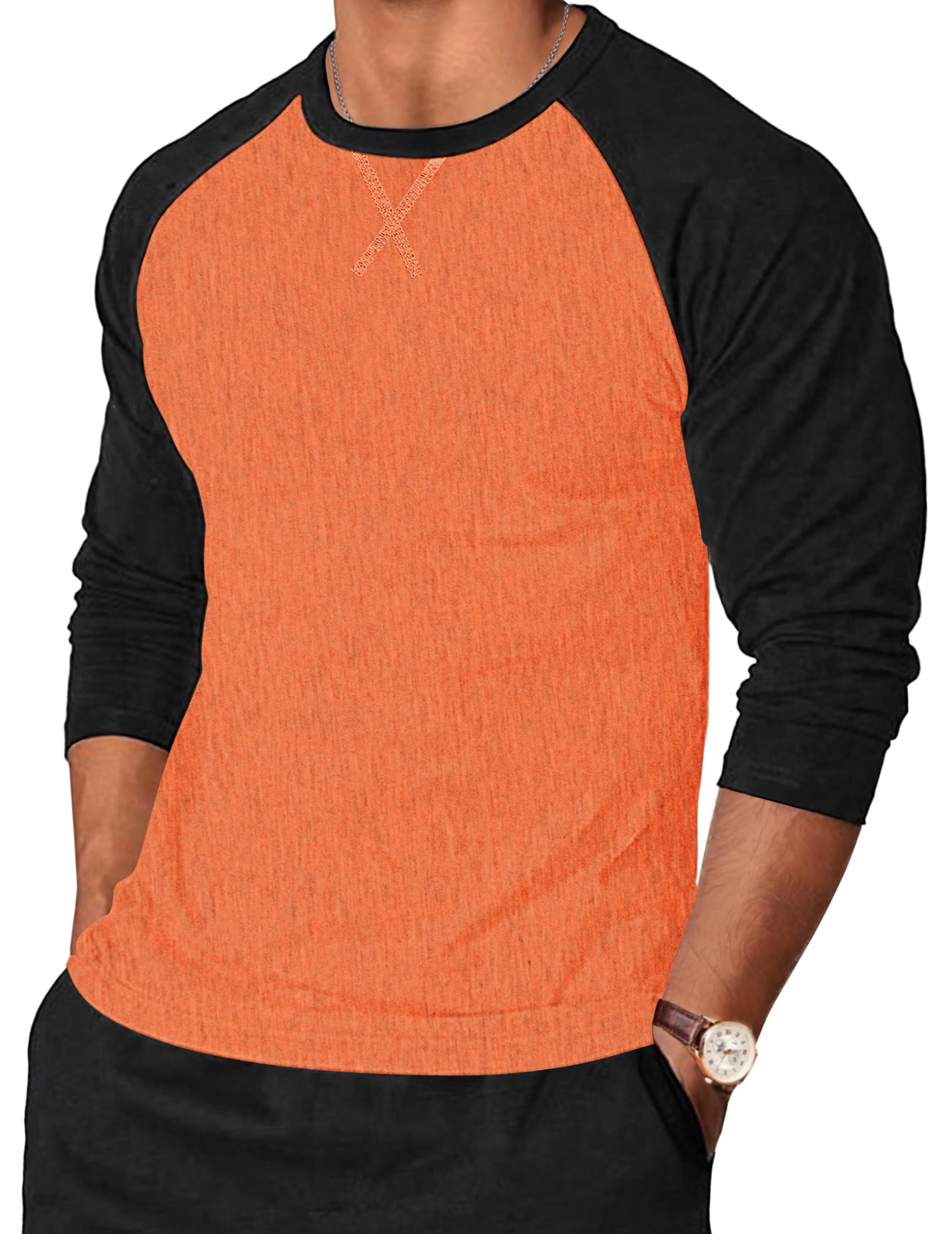 TARAINYA Langarmshirt Herren Baumwolle Rundhals Longsleeve T-Shirt Männer Patchwork mit Ausschnittnäht M-4XL C Orange Schwarz L Angebot bei HelloDeals