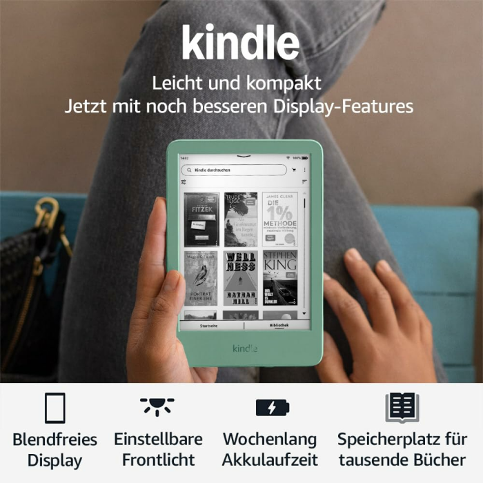 Amazon Kindle (neueste Generation) – Der leichteste und kompakteste Kindle, mit blendfreiem Bildschirm, schnellerem Umblättern und anpassbarem Frontlicht – 16 GB – ohne Werbung – matchagrün Matchagrün Ohne Kindle Unlimited Ohne Werbung Angebot bei HelloDeals