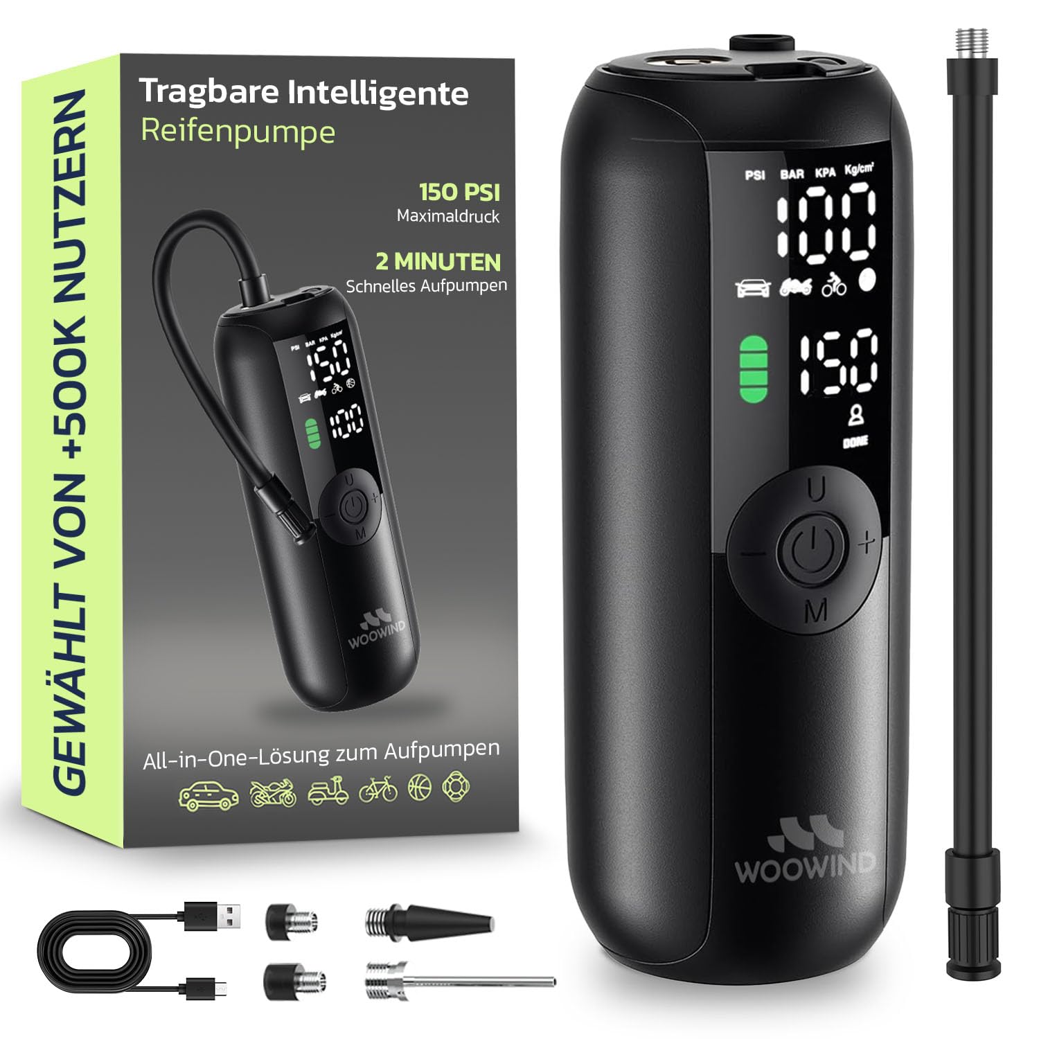 Woowind LP1 Luftpumpe Fahrrad, Fahrradpumpe Elektrisch, 1-Minuten-Aufpumpen, 150PSI/10,3Bar Akku Kompressor, Elektrische Luftpumpe, Automatischer Abschaltung, LCD-Display, LED-Licht Angebot bei HelloDeals