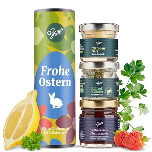 Gepp’s Feinkost Oster Geschenkset „Frohe Ostern“ I Kleines Ostergeschenk für Männer & Frauen mit Fruchtaufstrich, Rührei-Kräutern & Zitronensalz I Gourmet Oster Geschenkset ohne künstliche Zusätze Angebot bei HelloDeals