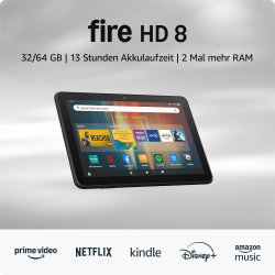 Zertifiziert und generalüberholt Amazon Fire HD 8-Tablet, 8-Zoll-HD-Bildschirm, 3 GB RAM, 32 GB Speicher, für Unterhaltung unterwegs, schwarz (2024) – mit Werbung Angebot bei HelloDeals