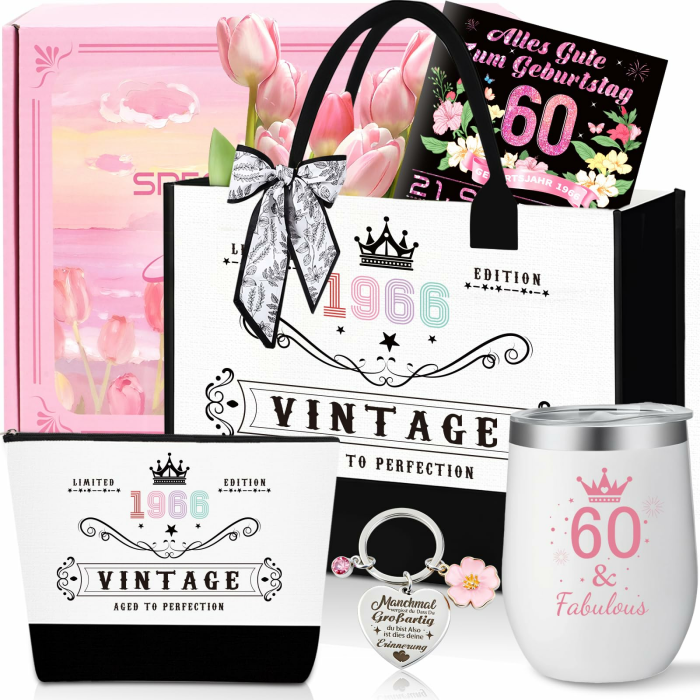 60.Geburtstag Geschenk Frau,Vintage 1966 Canvas Einkaufstasche Tragetasche Kosmetiktasche 7 Set mit Becher Strohhalm Grußkarte,60. Geburtstagsgeschenk für Mama, Freundin, Kollegin oder Schwester 60TH Angebot bei HelloDeals