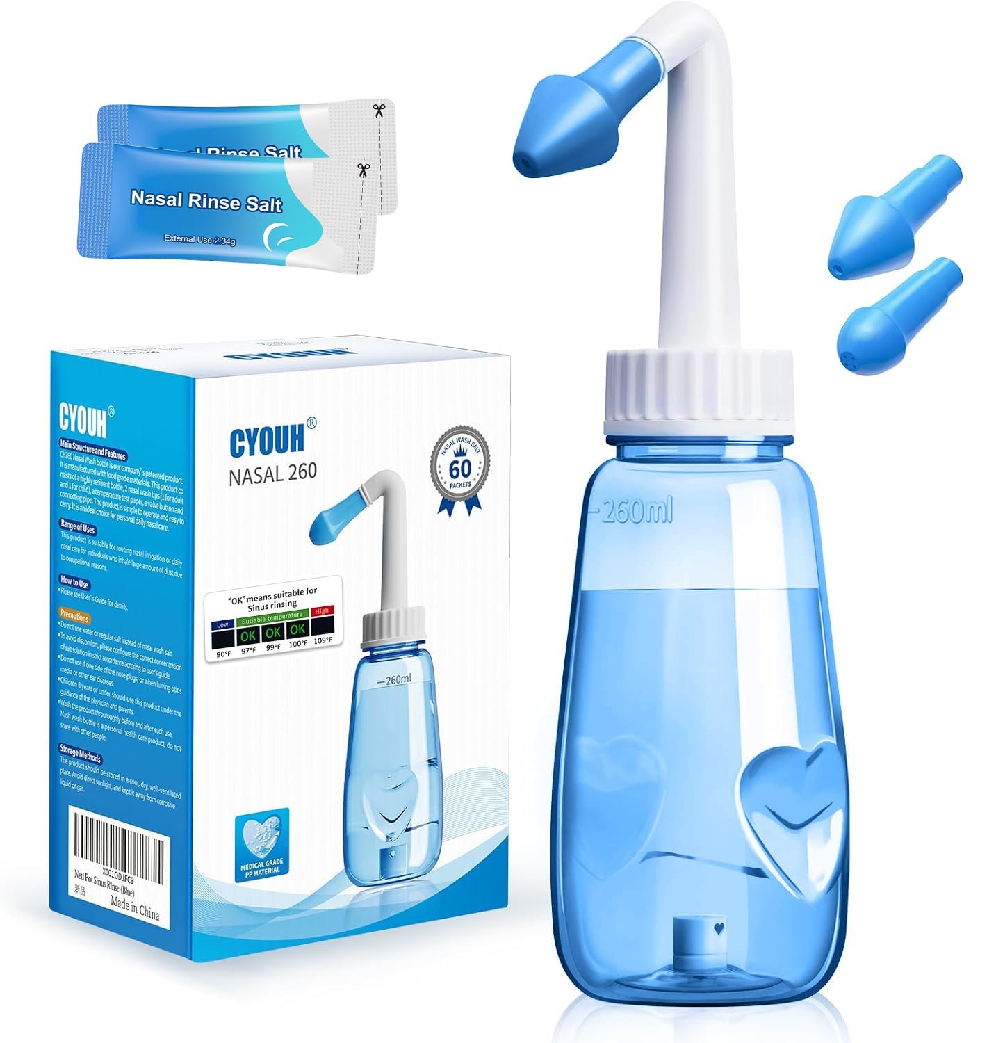 Nasendusche Set, 260 ml, mit 60 Nasenwasch-Salzpaketen und Aufkleberthermometer，nasendusche erwachsene zur Nasenreinigung und Nasenspülung Blau Angebot bei HelloDeals