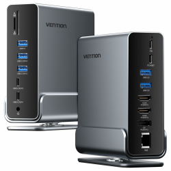 VENTION USB C Docking Station, 15-IN-1 DockingStation Laptop 3 Monitore Unterstützung 2*4K HDMI + DP, Thunderbolt 3/4 kompatibel mit Dell/HP/Lenovo, 10Gbps USB, 100W PD, Gigabit Ethernet, SD/TF, Dark Angebot bei HelloDeals