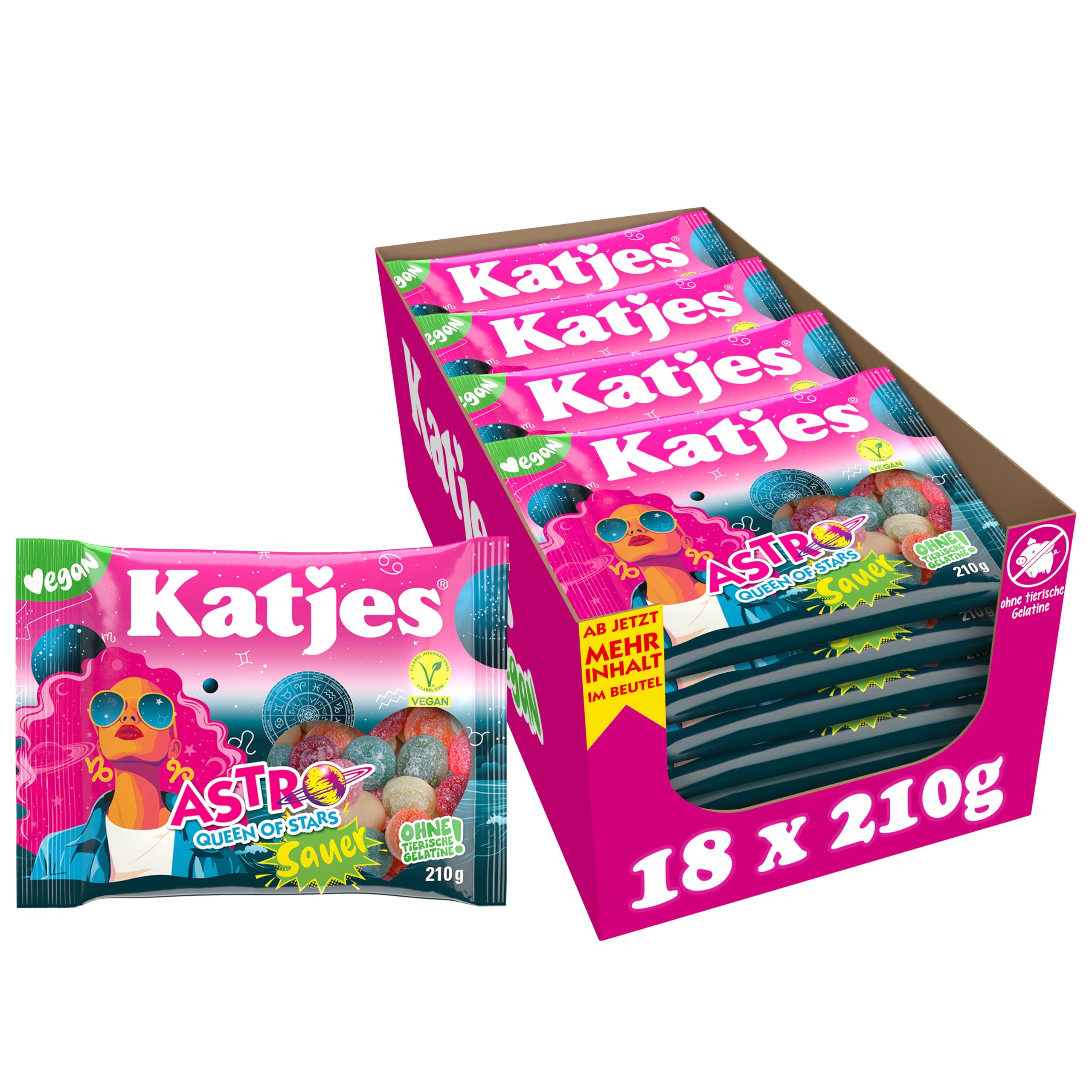 Katjes Astro Queen of Stars Sauer Vorratspack – Fruchtgummi-Schaumzucker Mix - die Sterne stehen gut für unsere süße Mischung ohne tierische Gelatine, Vegan, 18 x 210g New 210g Angebot bei HelloDeals