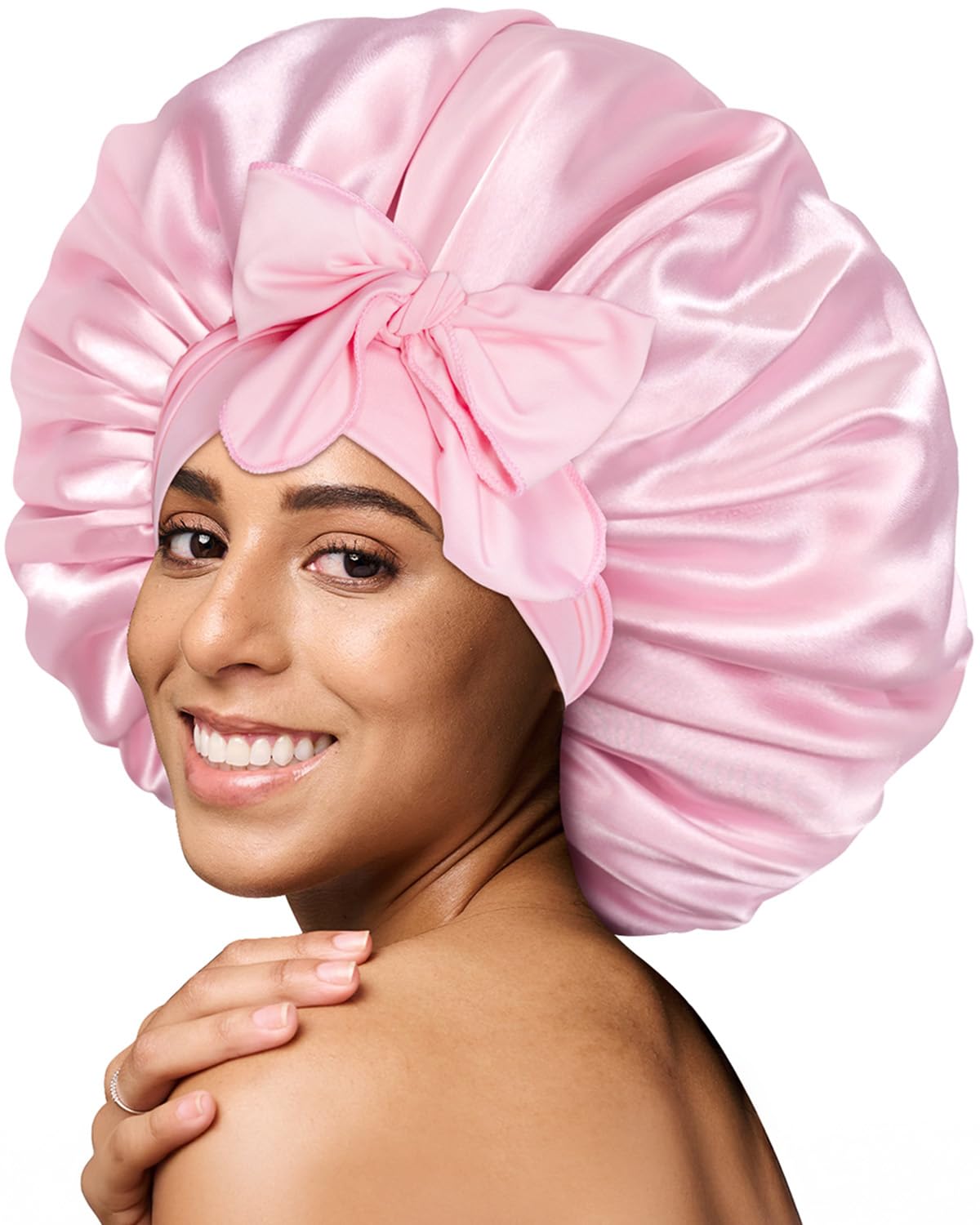 BONNET QUEEN Seidenhaube zum Schlafen, Satin Schlafhaube für Damen & Herren, Bonnet für Lockiges, Glattes Haar, Seidenhaube mit Breitem Elastikband Rosa M Angebot bei HelloDeals