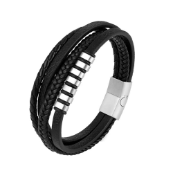 Herren Armband Breit Lederarmband Mann Armreif Schwarz geflochten Echtleder Wickel Edelstahl Perlen Charm Schmuck Geburtstag Geschenk für Männer Biker Vater Bruder, 22cm Angebot bei HelloDeals