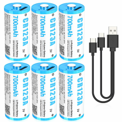 CR123A 3V Lithium Batterie, 6 Stück 3V Wiederaufladbare USB Lithium Akku, bis zu 3000 Zyklen mit USB-C-Ladeanschluss, Schnellladung in 2 Stunden, 123A Batterie 700mAh für Türschloss Fingerabdruck etc. 3V-6 Stück Angebot bei HelloDeals