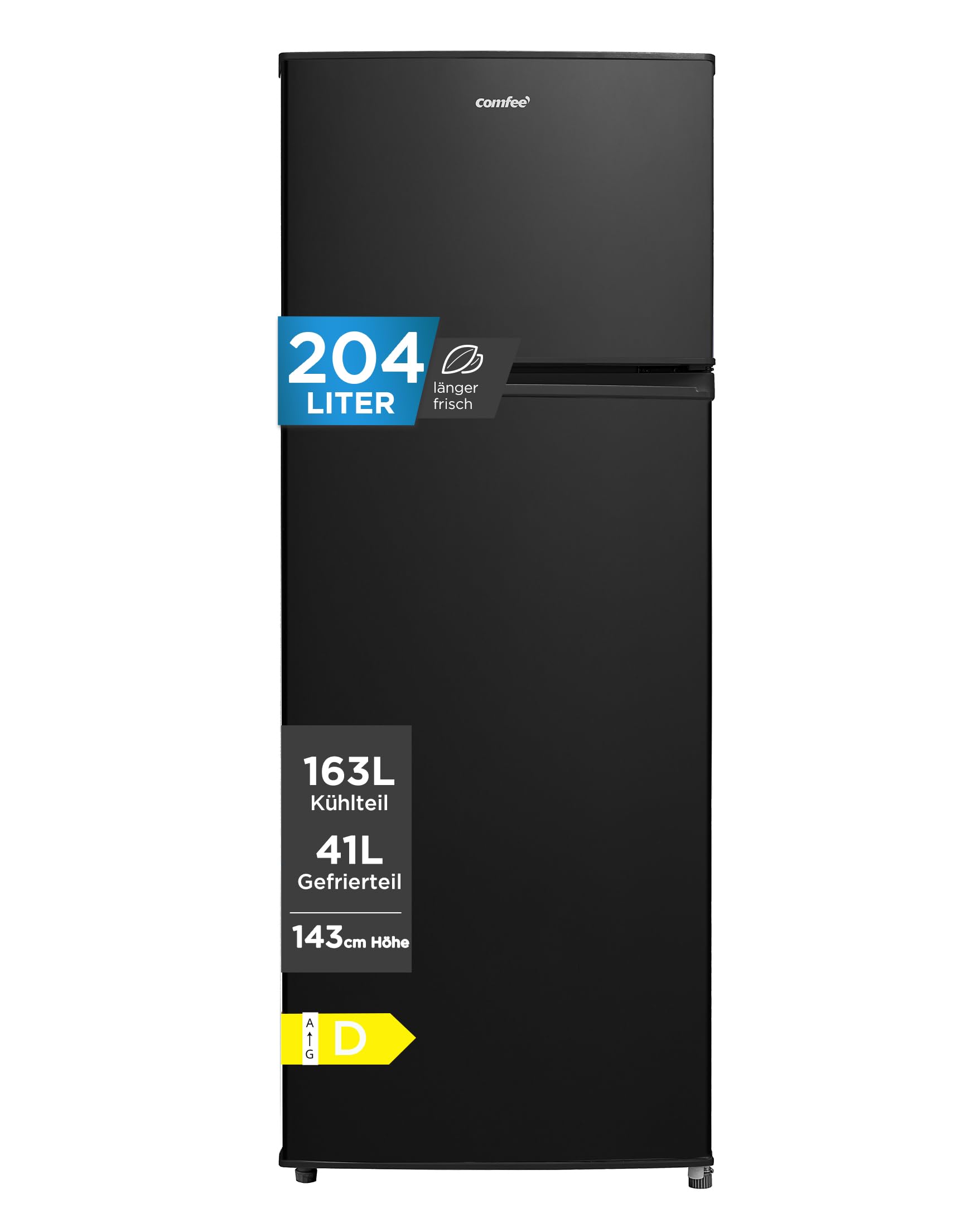 Comfee' Kühlschrank mit Gefrierfach | 204L Kühl-Gefrierkombination, 143 cm Höhe | 137 kWh/Jahr, Low Frost, Leise 39 dB, LED-Licht, Inverter Kompressor, Freistehend Schwarz RCT210DK3EU(E) Schwarz D Angebot bei HelloDeals