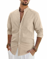 J.VER Leinenhemd Herren Hemd Langarm Stehkragen Leinenshirt Baumwolle Atmungsaktiv Regular Fit Freizeithemden Casual Sommer Strand Leinen Shirt mit Tasche Khaki L Angebot bei HelloDeals