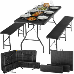 tectake® 3-teiliges Gartenmöbel Set, klappbarer Campingtisch mit 2X Bierbank, Balkonmöbel, Garten oder Terrassentisch Set, Bierzeltgarnitur, mit Tragegriffen, 180cm lang (schwarz) Schwarz (Rattanoptik) Angebot bei HelloDeals