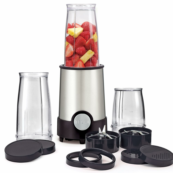bella Raketenmixer in persönlicher Größe, perfekt für Smoothies, Shakes und gesunde Getränke, leicht zu mahlen, Basis mit 240-W-Motor, 12-teiliges Mixer-Set, Edelstahl/schwarz Angebot bei HelloDeals