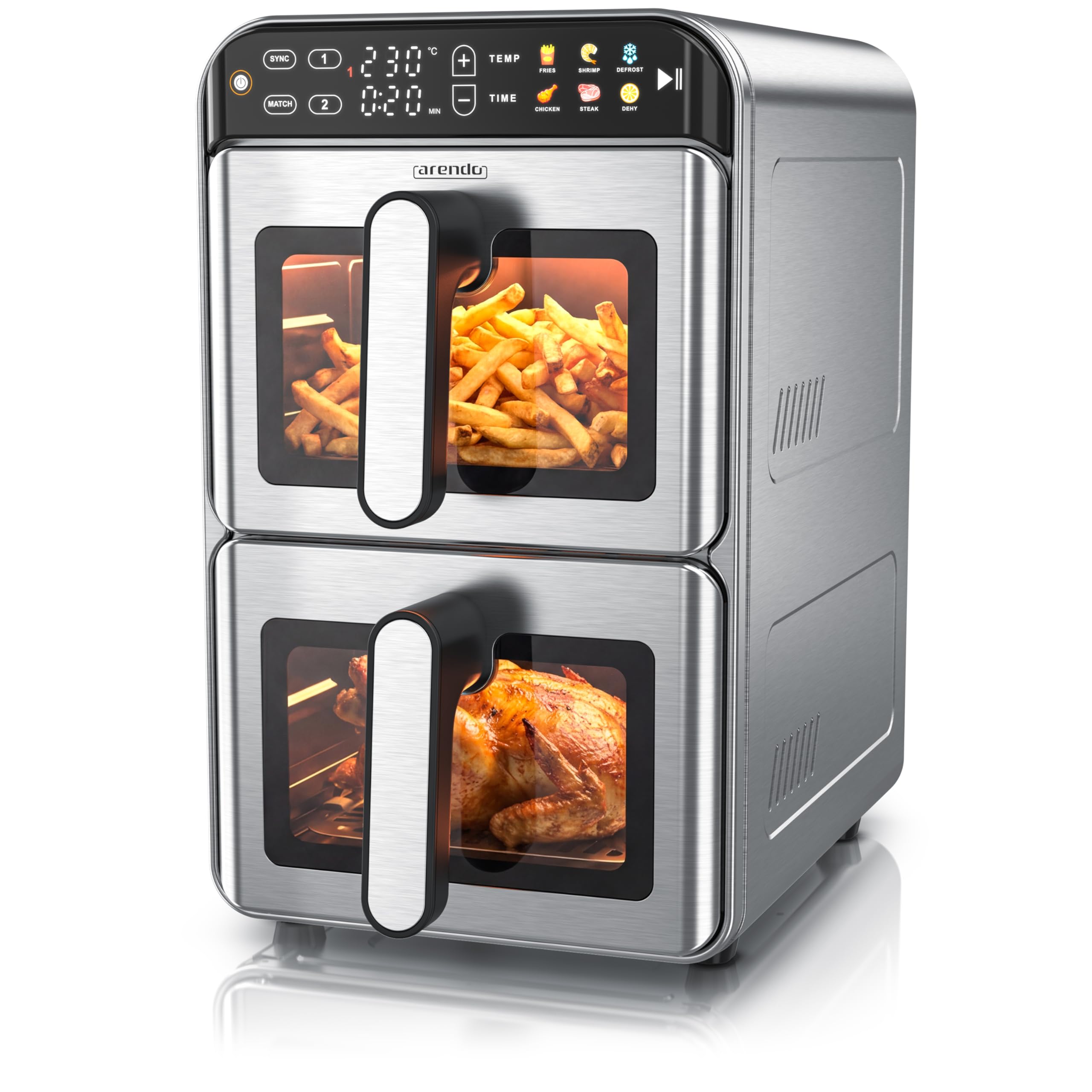Arendo – Heißluftfritteuse XXL Edelstahlgehäuse - 2 Kammern Doppelstock – 11 Liter Airfryer 2 Zonen – mit Sichtfenster – individuelle Temperatureinstellung – Infrarot Heizelement Angebot bei HelloDeals