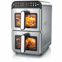 Arendo – Heißluftfritteuse XXL Edelstahlgehäuse - 2 Kammern Doppelstock – 11 Liter Airfryer 2 Zonen – mit Sichtfenster – individuelle Temperatureinstellung – Infrarot Heizelement Angebot bei HelloDeals