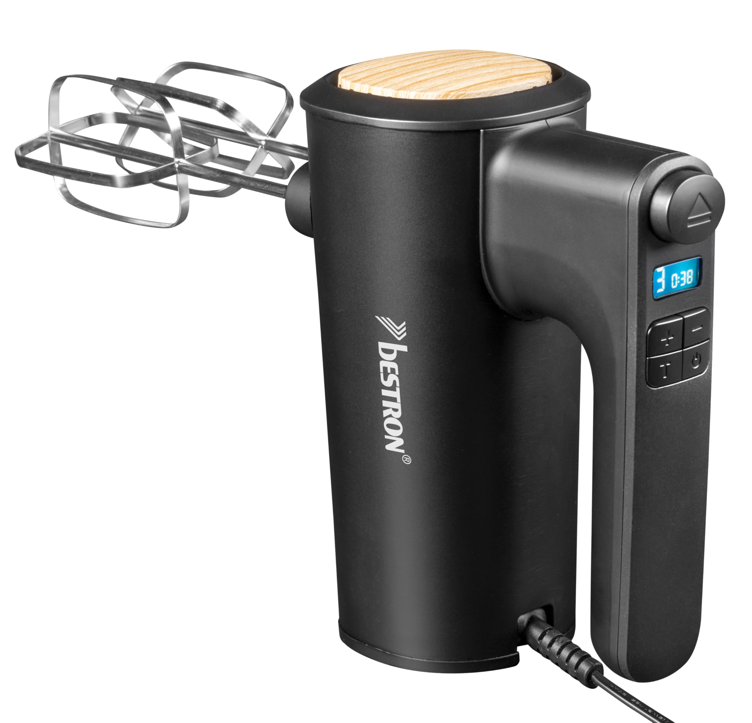 Bestron Power Handmixer, Leistungsstarker Handmixer mit 6 Stufen, Turbo-Funktion & LCD-Display, Rührgerät inkl. 2 Schneebesen & 2 Knethaken, Leichtgewicht von 1KG, Farbe: Schwarz/Holz Schwarz-holz Angebot bei HelloDeals