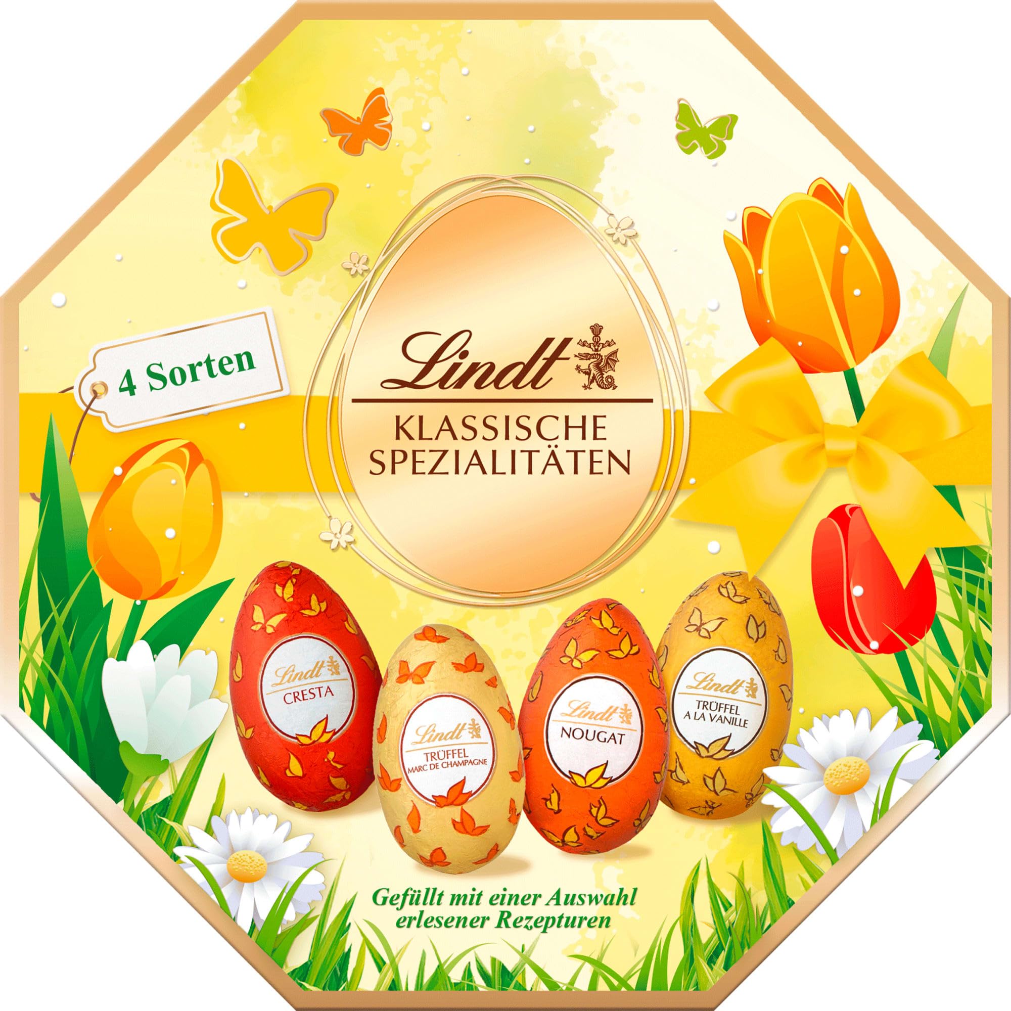 Lindt Schokolade Klassische Spezialitäten Eier | 144 g | Vollmilcheier mit und ohne Alkohol (Marc de Champagne, Nougat, Cresta, Vanille Trüffel) | Oster Schokolade | Schokoladengeschenk | Ostereier Angebot bei HelloDeals
