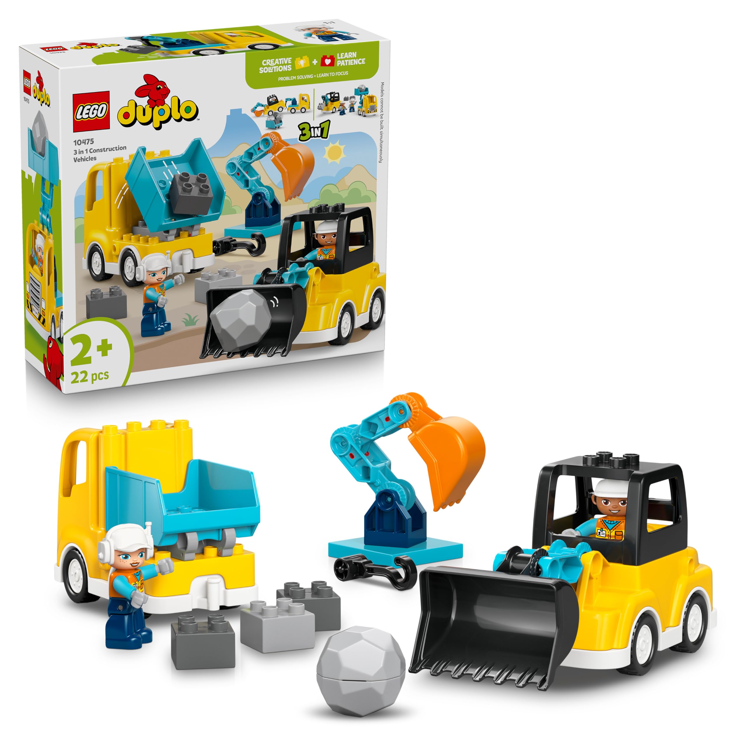 LEGO DUPLO 3-in-1 Baufahrzeuge - Pädagogisches Montessori Spielzeug für Kleinkinder mit Lastwagen, Bagger und Radlader - Geburtstagsgeschenk für Jungen und Mädchen ab 2 Jahren - 10475 Angebot bei HelloDeals