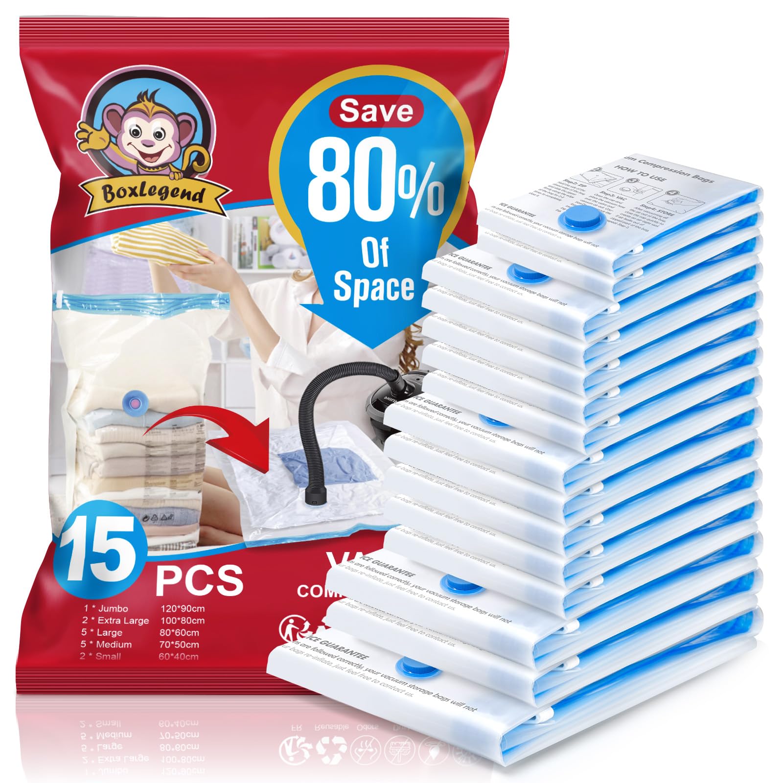 BoxLegend Vakuumbeutel 15 Stück Aufbewahrungsbeutel Reise DickereVakuum Kleiderbeutel 1XXL+2XL+5L+5M+2S Wiederverwendbar für Kleidung Bettdecken Bettwäsche Kissen Wolldecken Vorhänge 15 Stück (1XXL, 2XL, 5L, 5M, 2S) Angebot bei HelloDeals