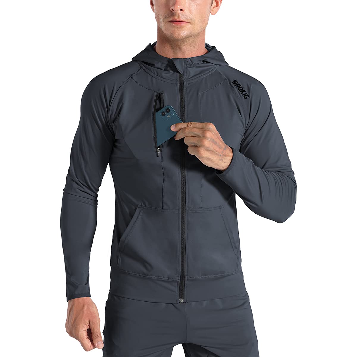 BROKIG Leichte Hoodie Herren,Schnelltrocknende Laufjacke Atmungsaktives Kapuzenpullover Trainingsjacke mit Reißverschluss L Dunkelgrau Angebot bei HelloDeals
