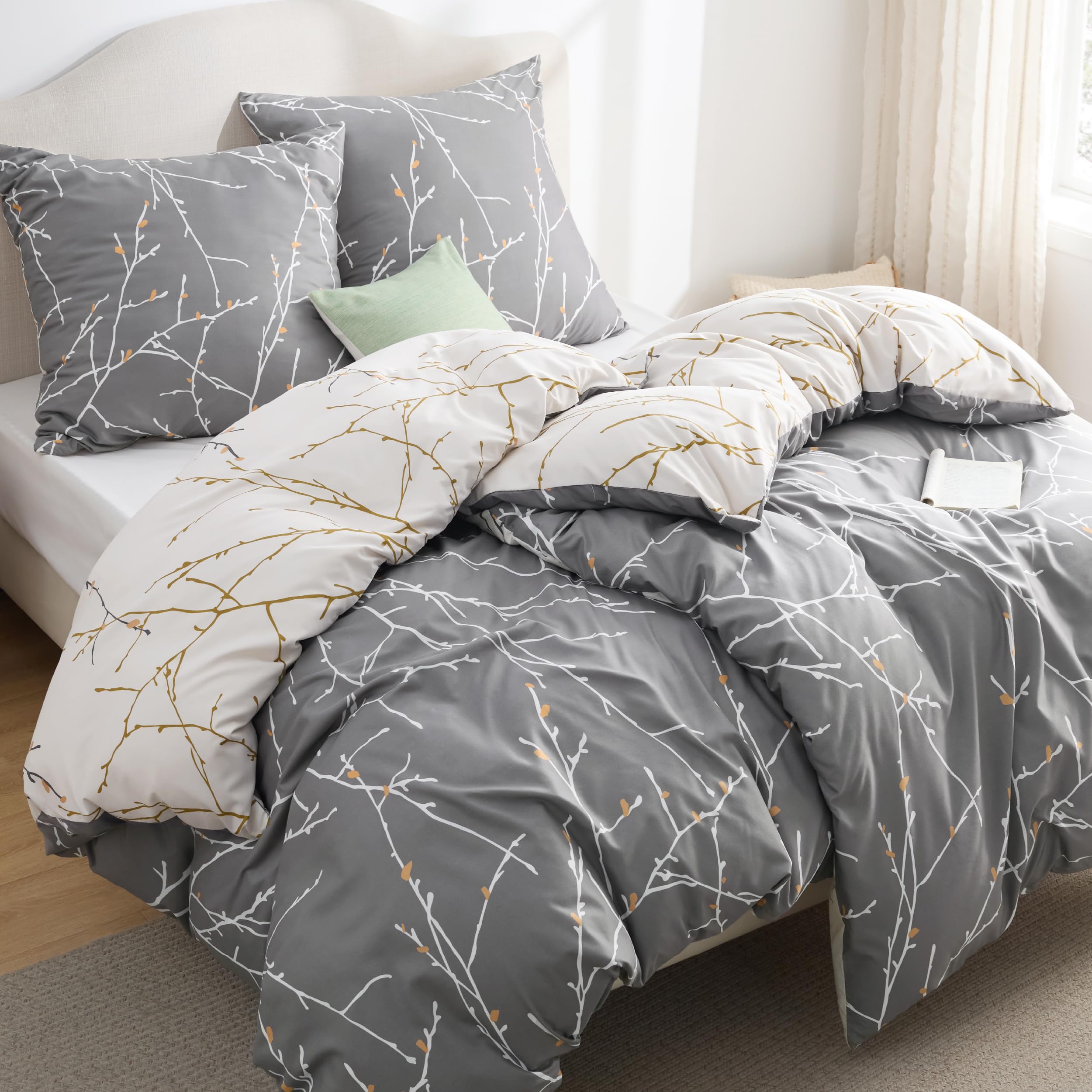 BEDSURE Bettwäsche 135x200 4teilig Bettbezug - Bettwäsche-Sets 135 x 200 cm 2er Set mit 2 Kissenbezüge 80x80cm, ÖKO-TEX Wendebettwäsche Bedding Zweige Grau Muster mit Reißverschluss 135 x 200 cm 4 teilig 01-zweige Grau Angebot bei HelloDeals