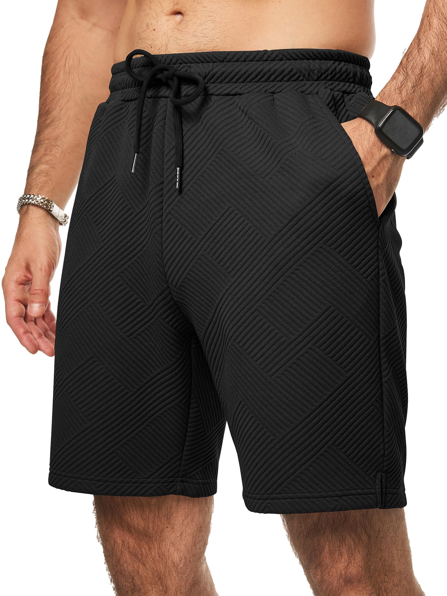 JMIERR Herren Textur Kurze Hosen mit 3 Taschen 2026 Sommer Casual Loose Shorts Elastische Taille A Schwarz M Angebot bei HelloDeals