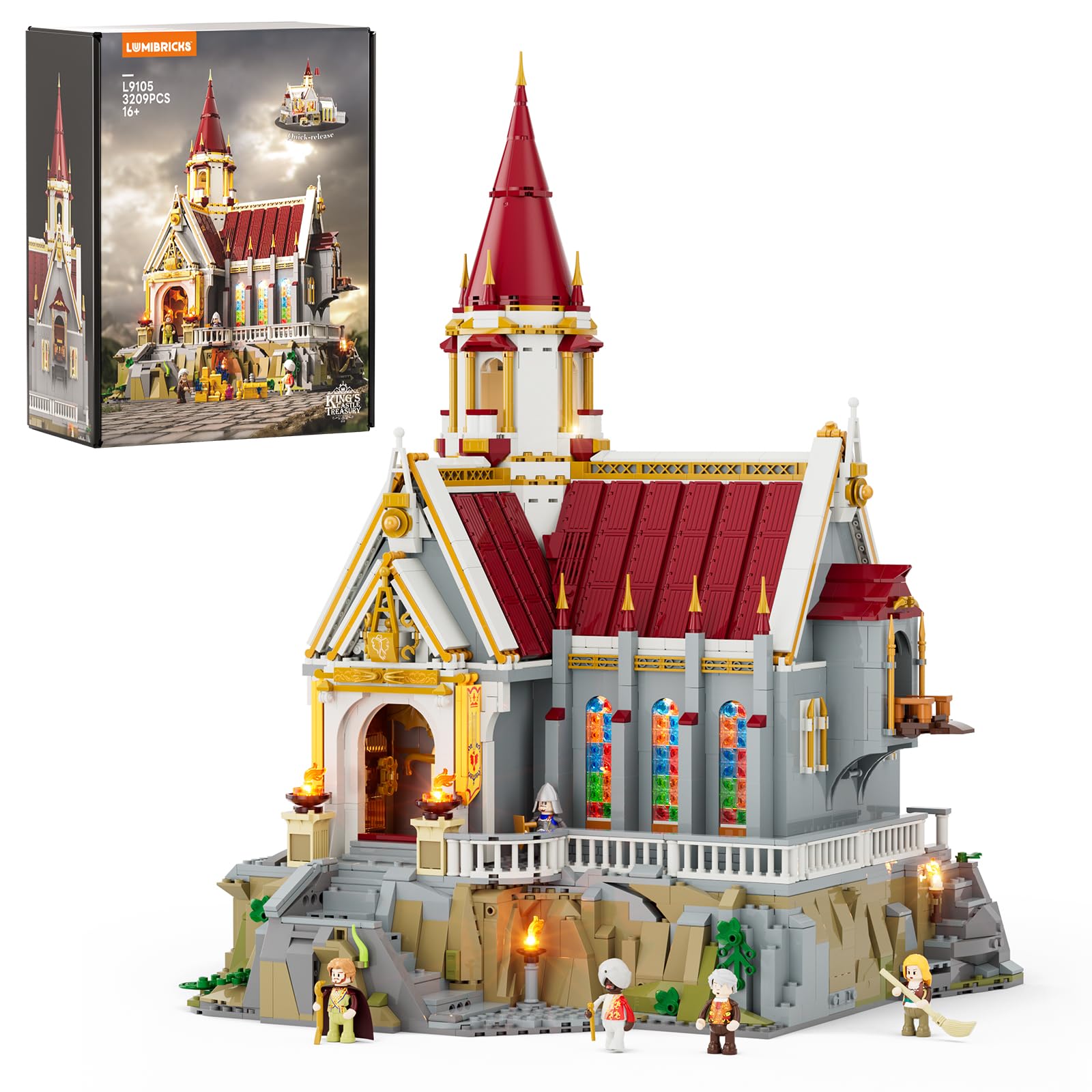 King's Castle Treasury – 3209 pcs gotisches Mittelalter-Schloss mit LED-Lichtern, 16 Lichtpunkte, Sammlermodell für Erwachsene, Geschenk & Ausstellungsstück Angebot bei HelloDeals