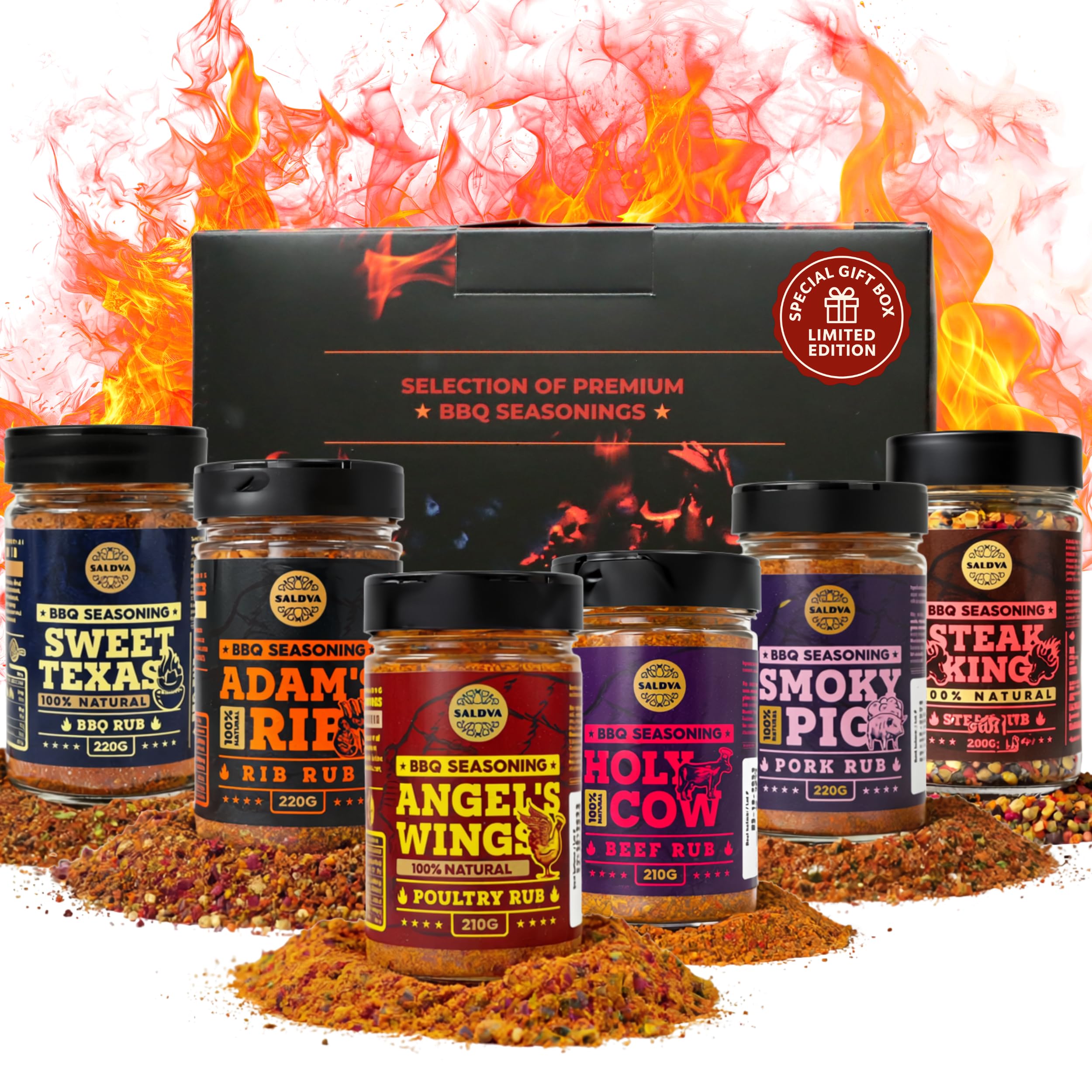 Meat Lovers BBQ Rub Geschenkset – Holy Cow, Angel’s Wings, Smoky Pig, Sweet Texas, Steak King & Adam's Ribs | Packung mit 6 | 100% natürlich | Gewürzgeschenk für Foodies Gift Set Angebot bei HelloDeals