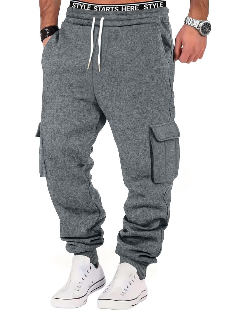 CLOAKA Jogginghose Herren Baumwolle Casual Baggy Jogginghose Elastische Taille mit Kordelzug Cargo Sweatpants Herren mit Taschen Grau L Angebot bei HelloDeals