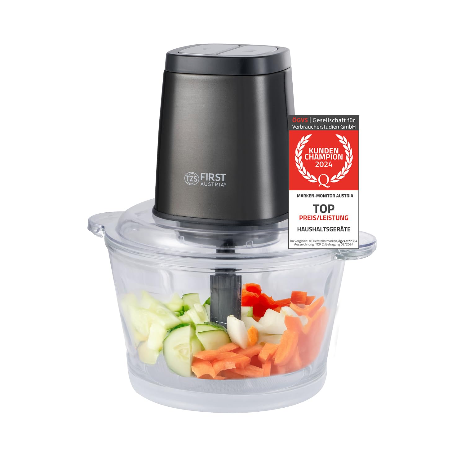 TZS First Austria Zerkleinerer | 1.7L Glasbehälter | 500W | 2 Geschwindigkeiten | Multizerkleinerer | Anti-Slip-Boden | Edelstahl | Grau Angebot bei HelloDeals