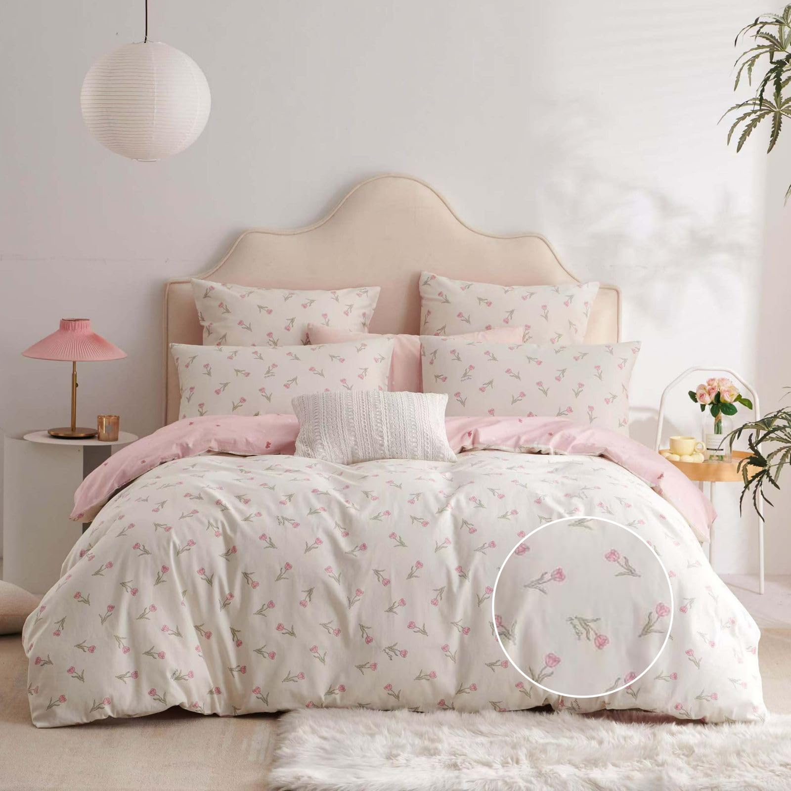 Freyamy Blumen Bettwäsche 135x200cm 2teilig Baumwolle Weiß Rosa Grün Floral Blätter Pflanzen Bettwäsche Blumenmuster Mädchen Bettbezug mit Reißverschluss und Kissenbezug 80x80cm Weiß Rosa Grün 2teilig：135x200cm+80x80cm Angebot bei HelloDeals