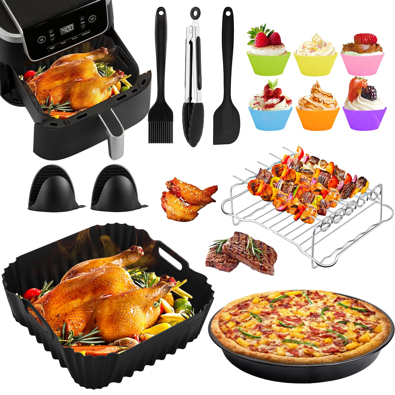Heißluftfritteuse Zubehör Set für Ninja Max Pro 6,2L AF180EU AF140EU, 19PCS Wiederverwendbar Silikonform Airfryer Zubehör für Cosori 5,5L-6,2L/Philips 6,2L NA230 und Die Meisten Quadratische Airfryer Angebot bei HelloDeals