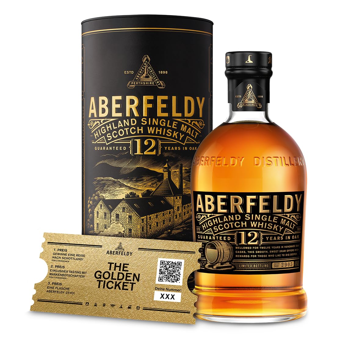 Aberfeldy 12 Jahre Highland Scotch Single Malt Whisky, 40% Vol., 700 ml, inkl. Golden Ticket, in edler Geschenkbox. Eichenfass gereift mit Noten von Honig, Früchten, Gewürzen & einem Hauch Rauch Angebot bei HelloDeals