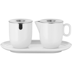 WMF Barista Zuckerdose 130 ml und Sahne-/ Milchkännchen Porzellan 170 ml mit Deckeln Set 3-teilig mit Untersetzer, Milchkanne, spülmaschinengeeignet Angebot bei HelloDeals