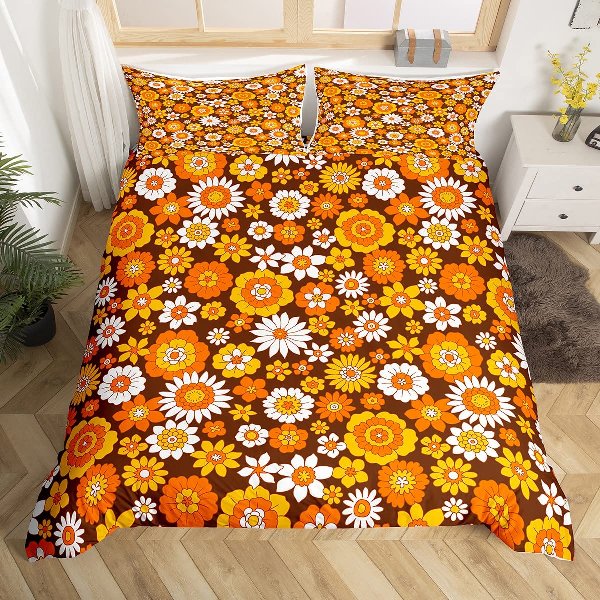 Loussiesd 60S 70S Groovy Bettwäsche Set 135x200cm Kinder Retro Hippie Blume Betten Set für Jungen Jugendliche Vintage Boho Anlage Floral Bettbezug Set Botanische Blüte Braun Bettdeckenbezug Bettbezug Mehrfarbig 25 135*200+80*80*1 Angebot bei HelloDeals