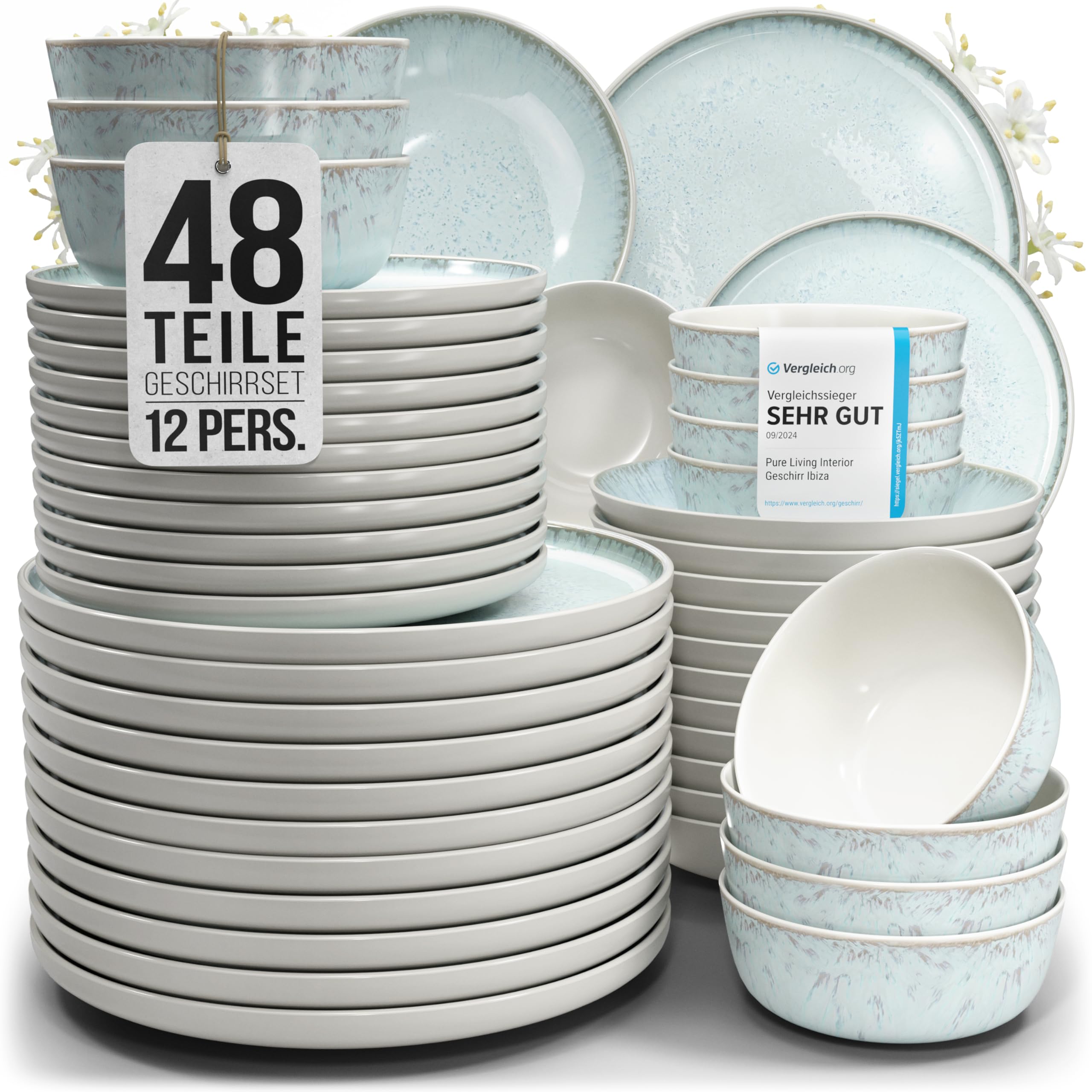 Steingut Geschirrset 12 Personen Ibiza 48 tlg. TESTSIEGER, Traumhaftes Mediterranes Steingut Geschirr Set, Schüssel- und Teller Set, Tafelservice 12 Personen, Geschirrsets Pure Living in Blau-Beige Beige-blau Set 48 Teile 12 Pers. Angebot bei HelloDeals