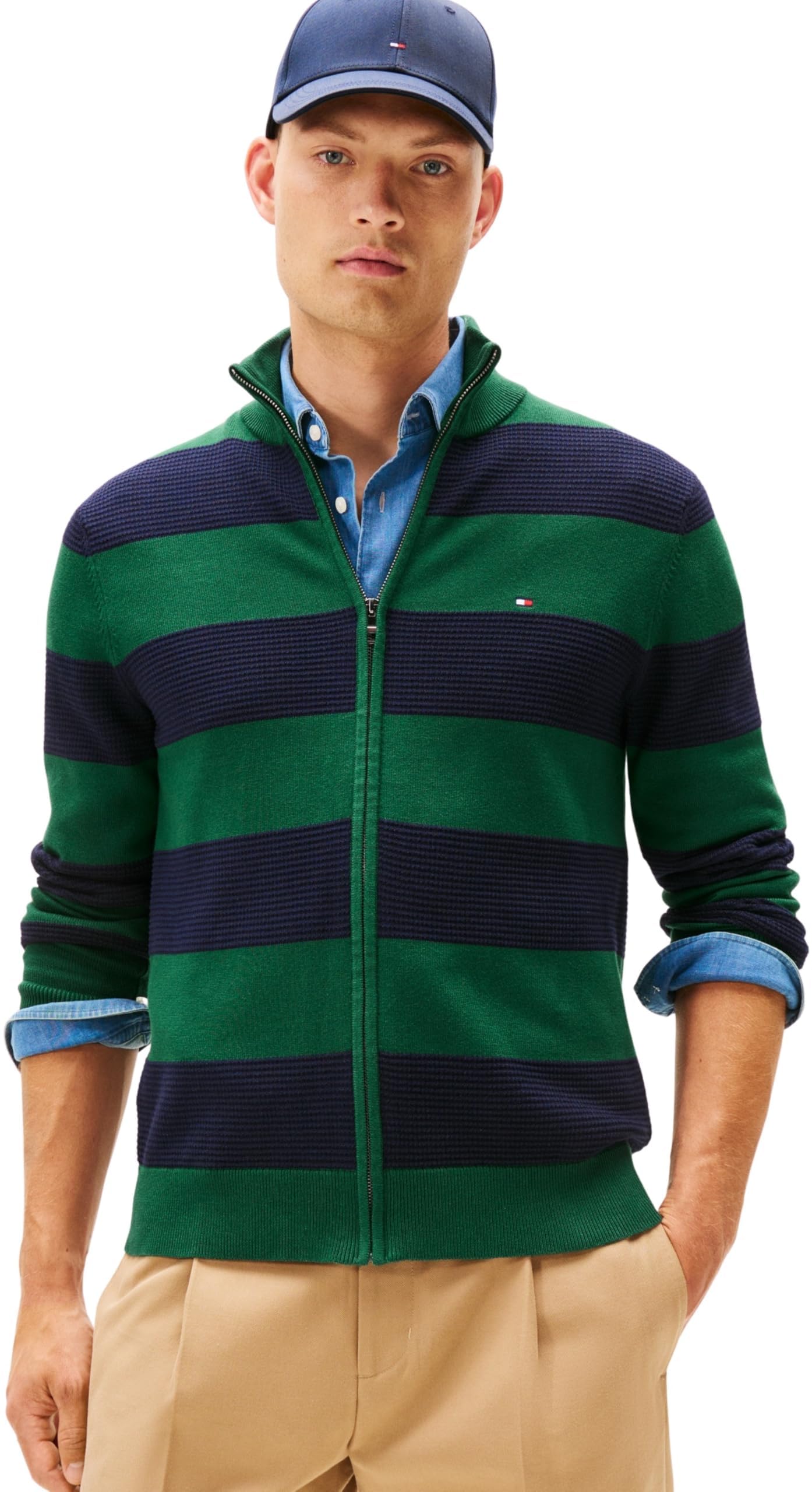 Tommy Hilfiger Herren Pullover mit Reißverschluss Cotton Zip Through mit Stehkragen M Green (Ornamental Green/Desert Sky) Angebot bei HelloDeals