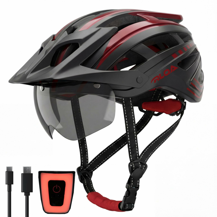 Fahrradhelm Herren Damen, MTB/Rennrad Helm mit Abnehmbarer Magnetischer Visier & Brille, Radhelm mit 24 Luftungsschlitzea, LED Rucklicht, Reithelm Verstellbare GroBe L:58-61cm Schwarz Rot Angebot bei HelloDeals