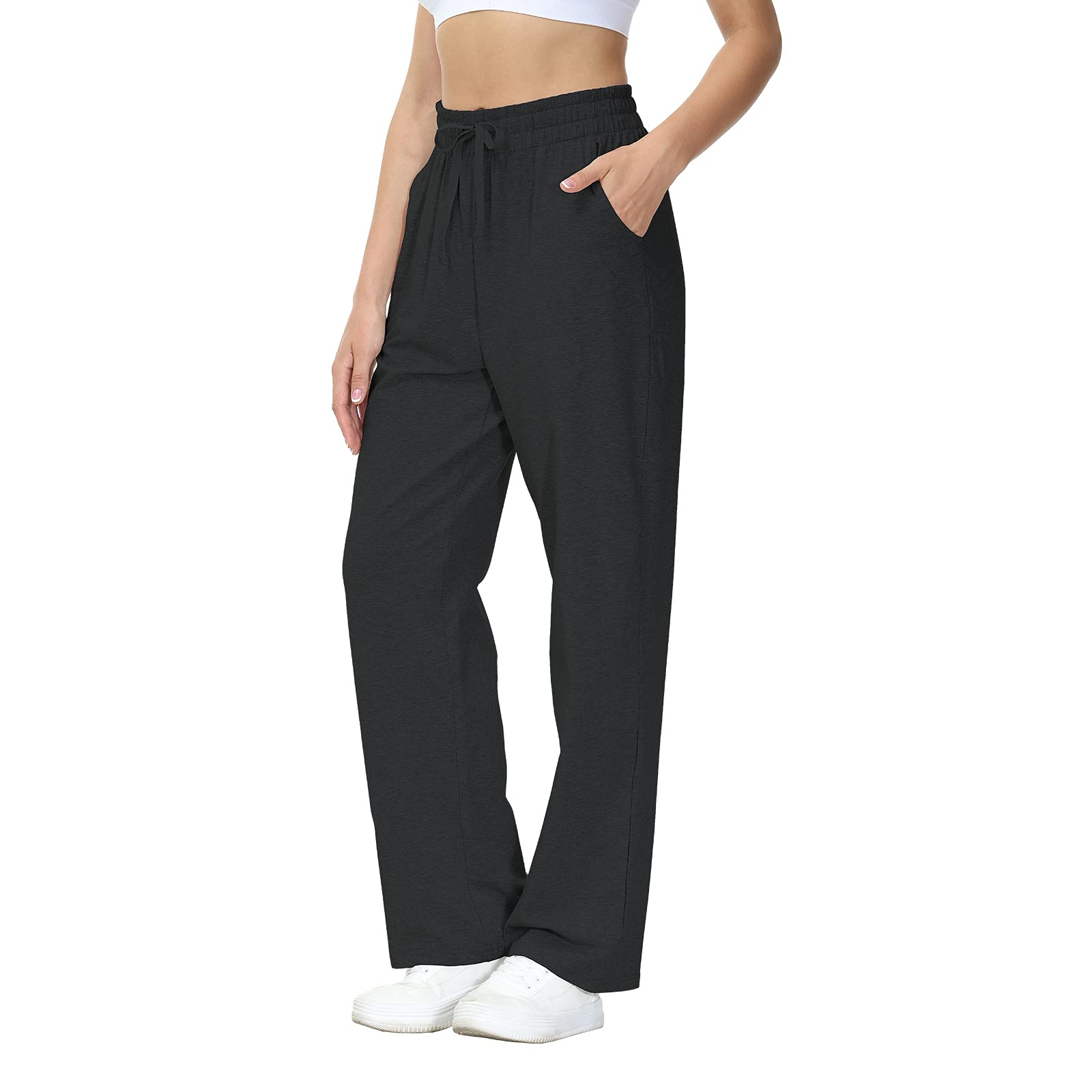 HMIYA Jogginghose Damen Baumwolle Freizeithose Lang offenem Boden Yogahose Sporthose Geradem Bein Hose mit Taschen S Schwarz Angebot bei HelloDeals