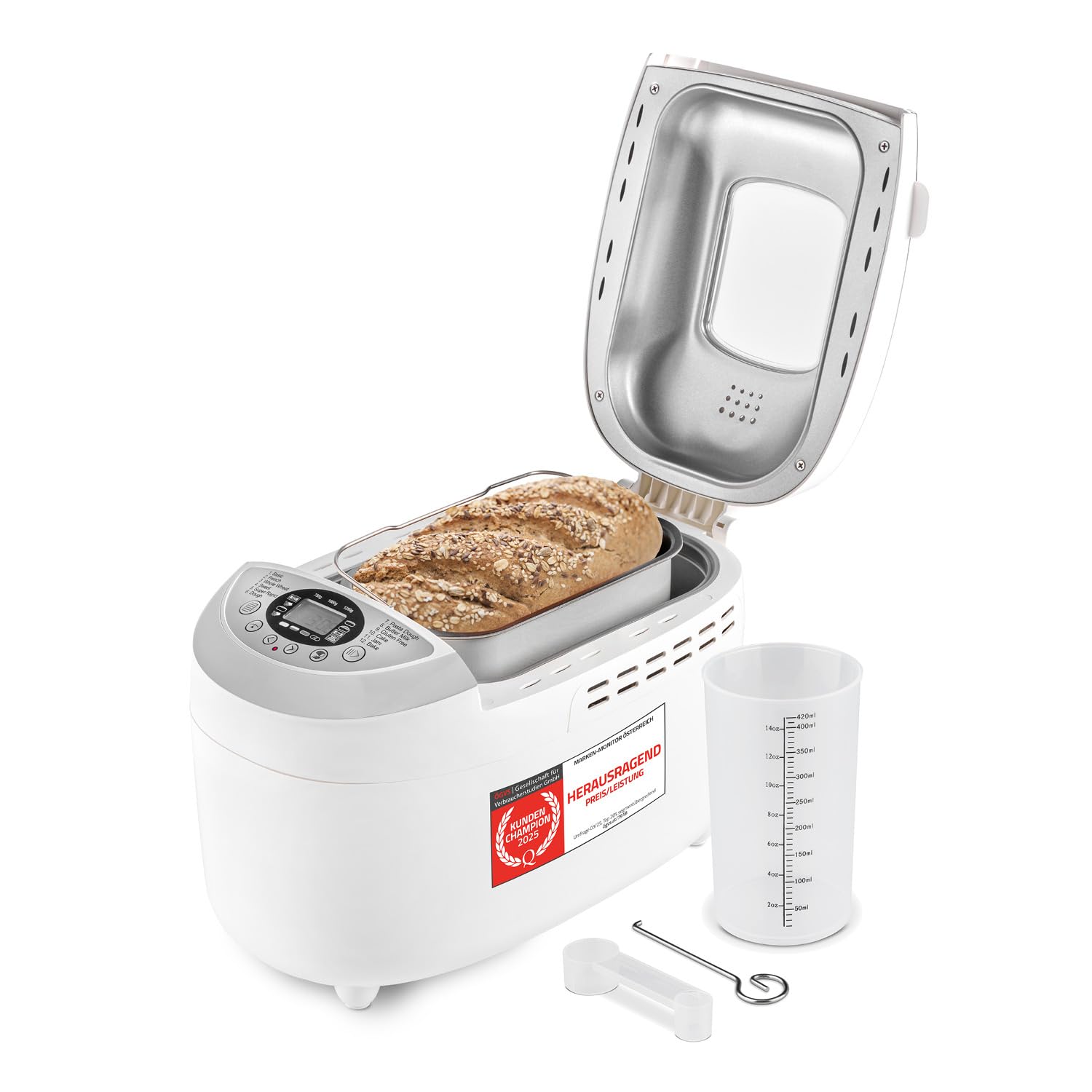 TZS First Austria - Brotbackautomat mit 12 Automatikprogrammen 850W - Vollautomatische Brotbackmaschine 700-1250g Füllmenge - Bread Maker mit Sichtfenster, Timer, Zubehör & Warmhaltefunktion - Weiß Weiß/Grau Angebot bei HelloDeals