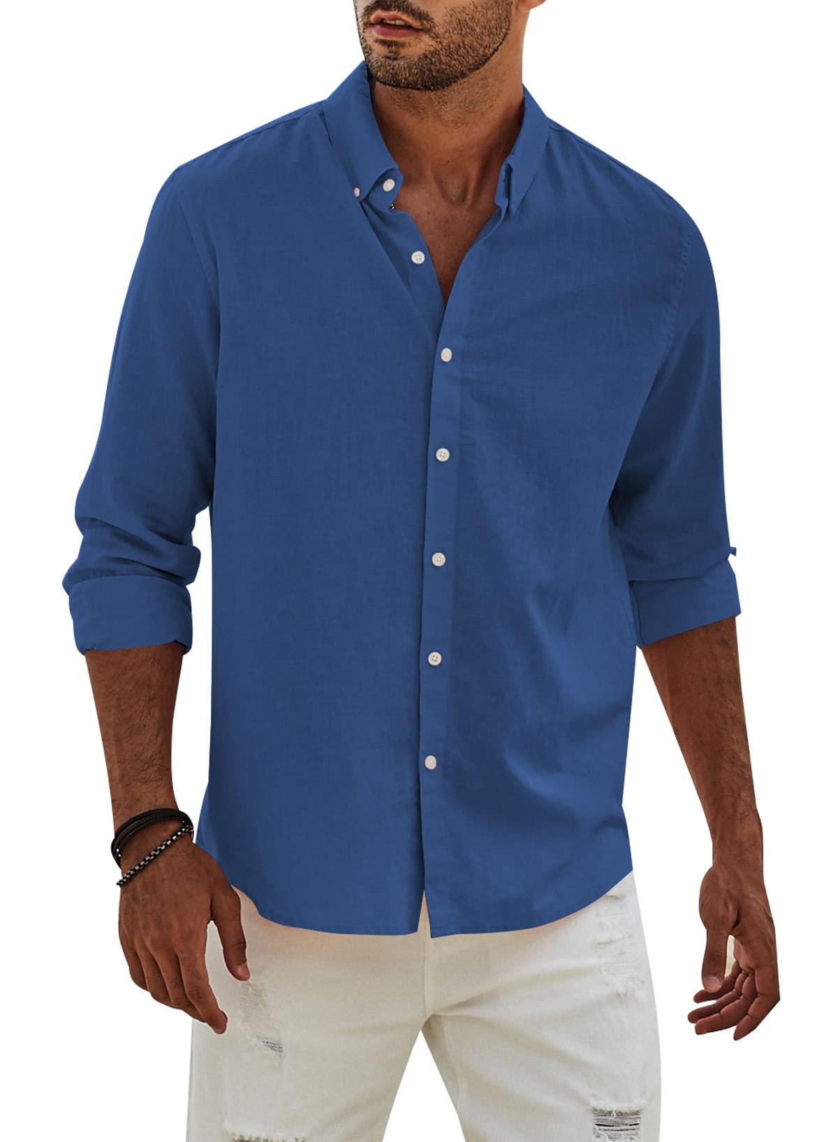 Hemd Herren Leinenhemd Langarm Freizeithemd Leinen Shirts Casual Langarmhemd Baumwolle Western Hemden Regular Fit 2-blau XL Angebot bei HelloDeals